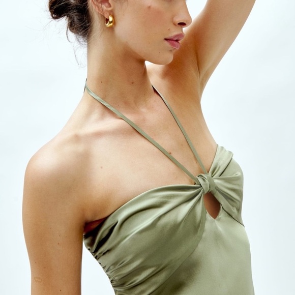 Reformation Sorrentine Silk Halter Mini Dress Artichoke Green Sage - Picture 3 of 9